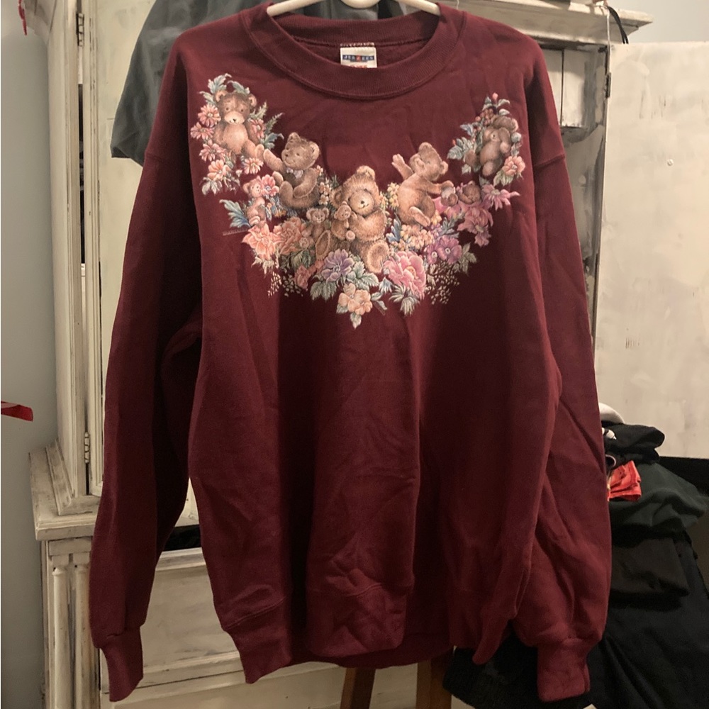 Vintage Teddy Bear Burgundy Pull Over L
